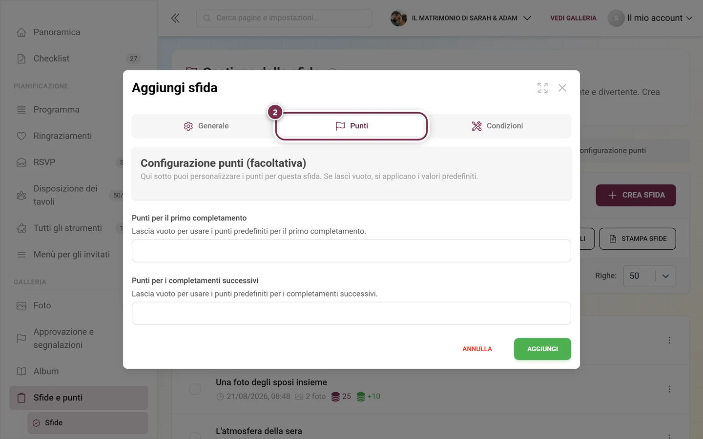 Editor delle sfide con la scheda Punti evidenziata in rosso e i due campi dei punti sotto