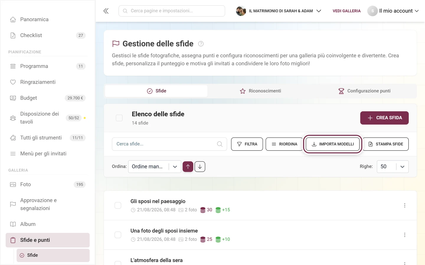 Barra degli strumenti della Gestione delle sfide con il pulsante Importa modelli evidenziato in rosso