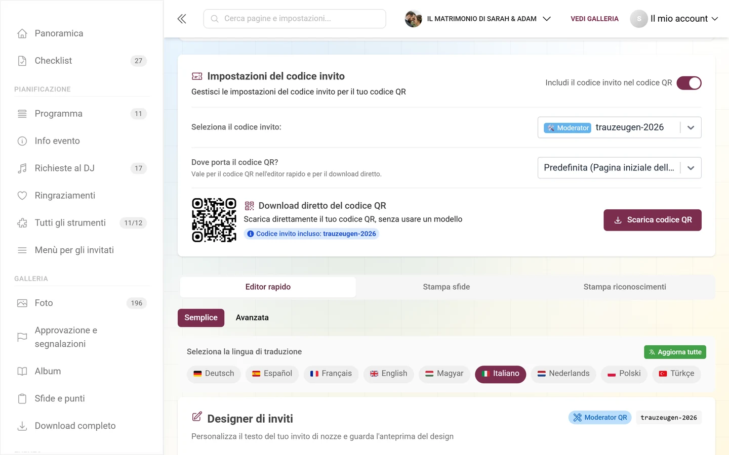 Modello di stampa con codice QR e codice d'invito stampato