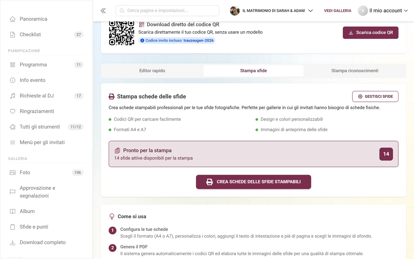 Scheda Stampa sfide con il riquadro Stampa schede delle sfide