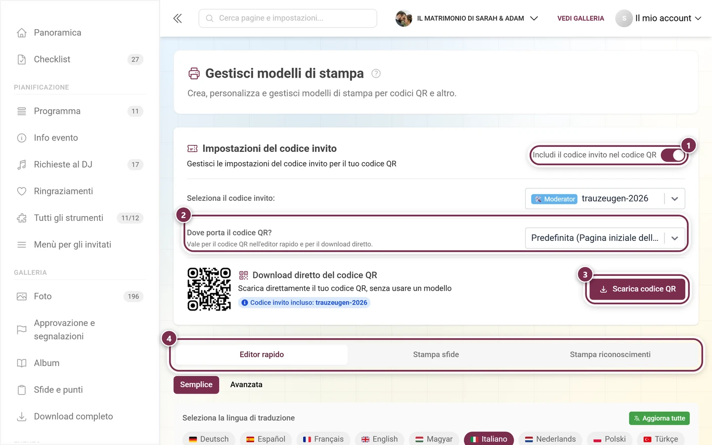 Pagina Modelli di stampa con evidenziati l'interruttore del codice d'invito, la destinazione QR, il pulsante di download e le schede