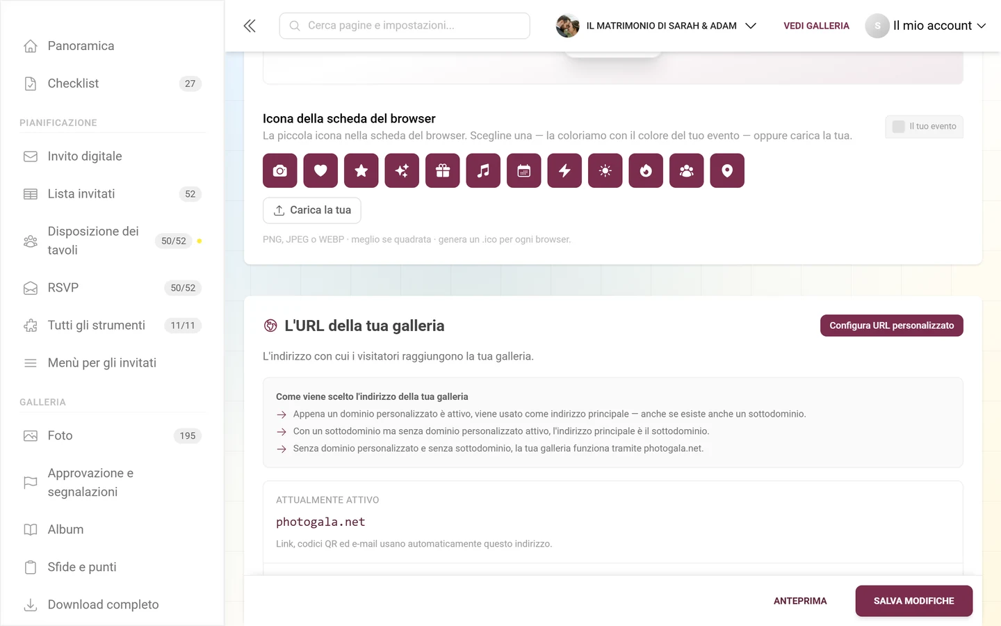 Griglia dell'icona della scheda del browser con dodici icone e il pulsante Carica la tua