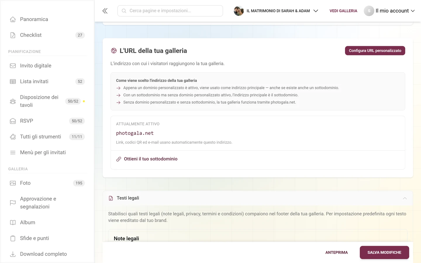 Area L'URL della tua galleria con l'indirizzo attuale