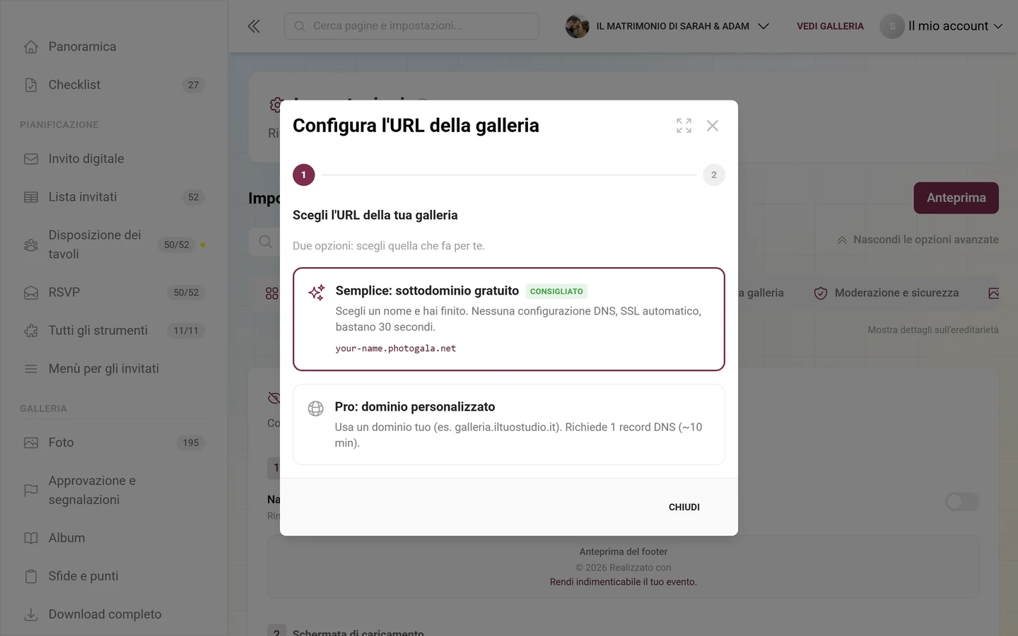 Procedura guidata per configurare un URL personalizzato della galleria