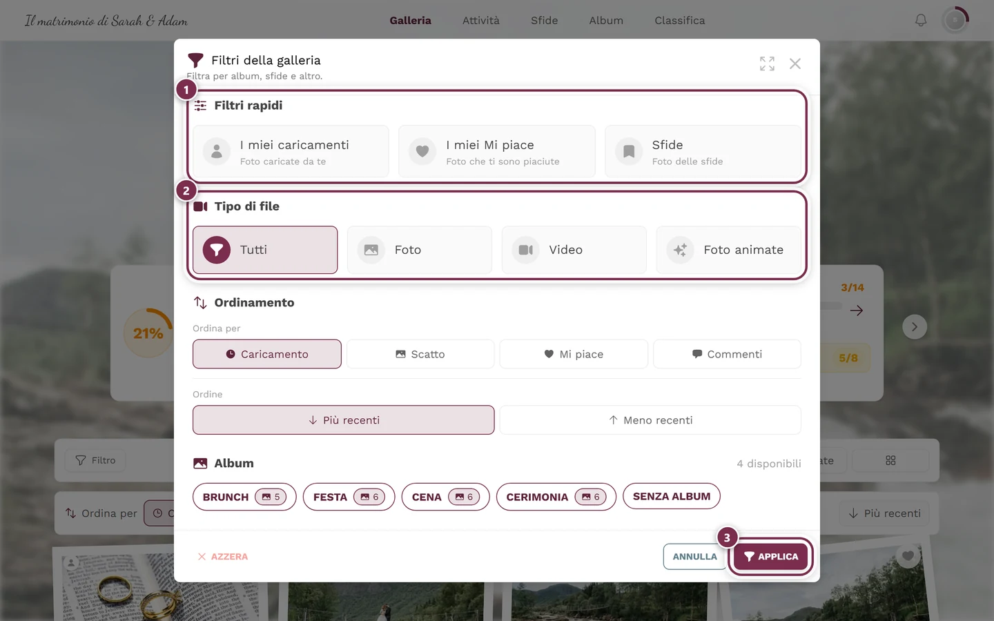Pannello dei filtri con le sezioni Filtri rapidi, Tipo di file, Ordinamento e Album