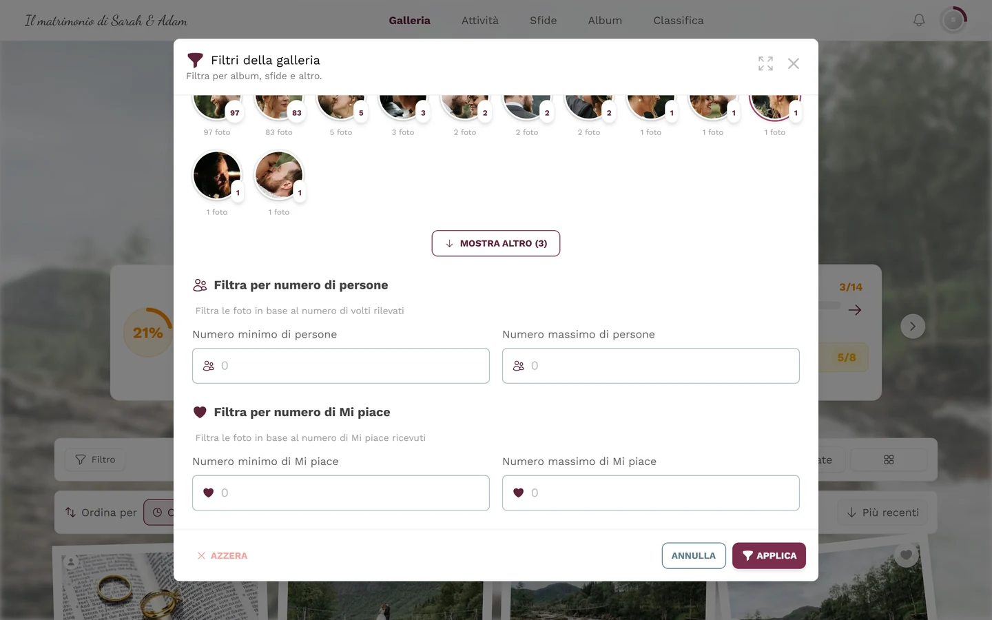 Sezione del filtro Filtra per numero di persone con i campi Numero minimo e Numero massimo di persone