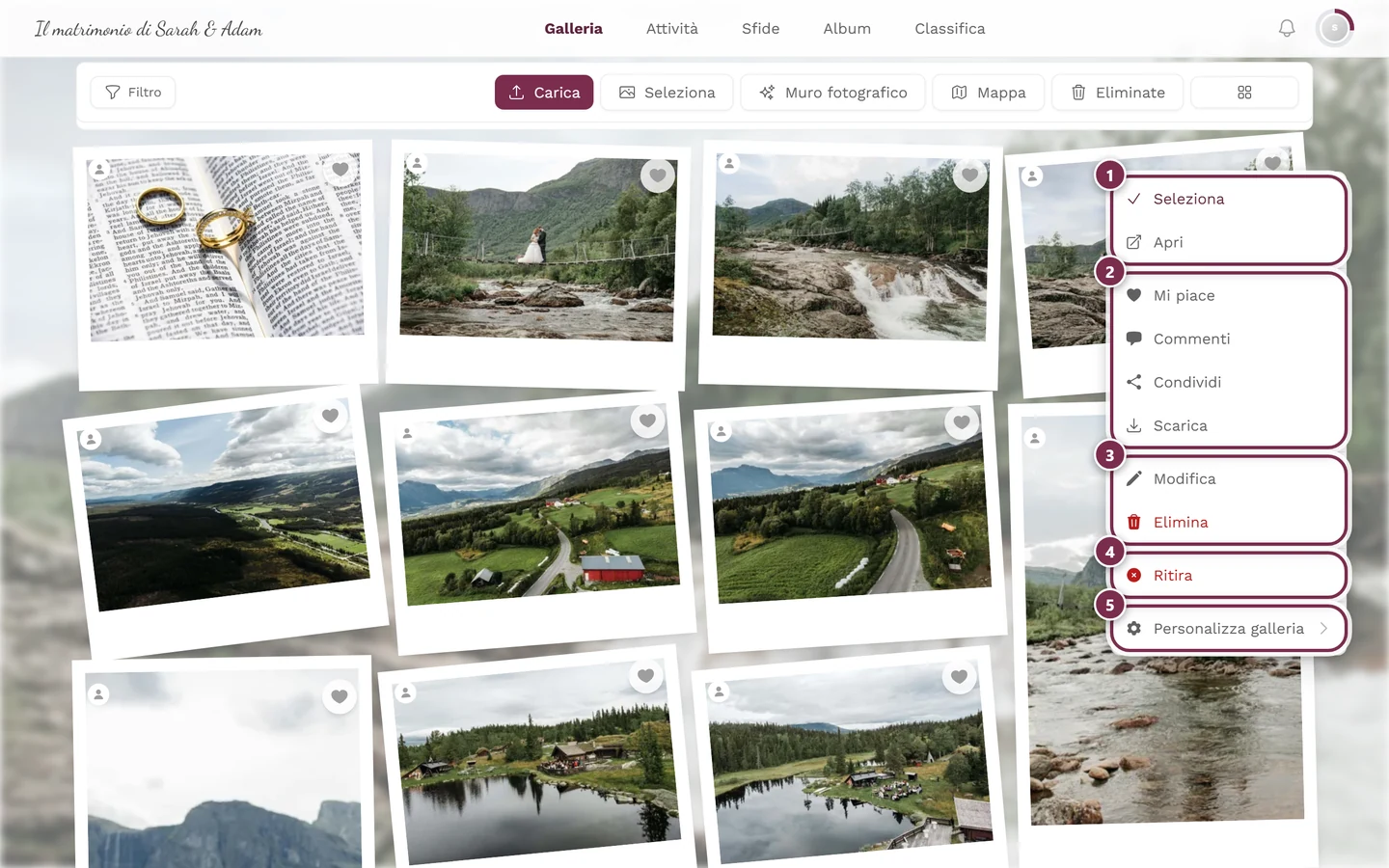Menu contestuale su un riquadro foto con azioni come Condividi e Scarica