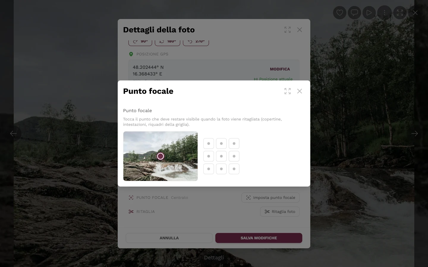 Popup Punto focale con anteprima, indicatore e la griglia di nove caselle