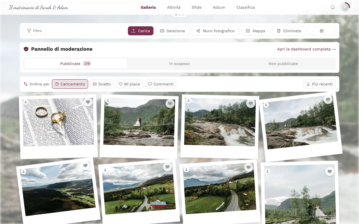 Galleria con la scheda Pannello di moderazione tra la barra dei filtri e la griglia delle foto, con le schede Pubblicati, In attesa e Non pubblicati
