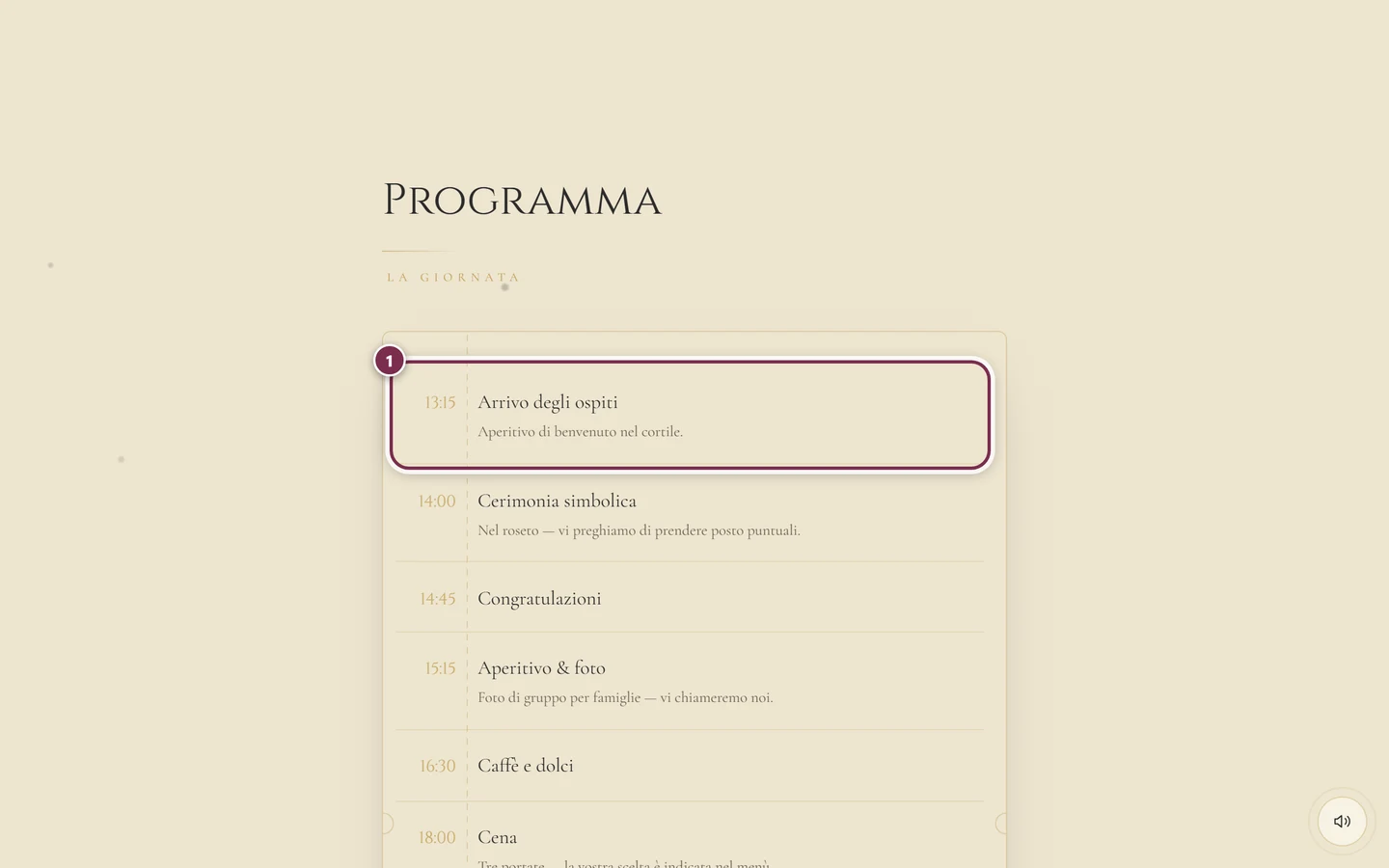 Sezione Programma con una linea del tempo e l'anello intorno al primo punto del programma