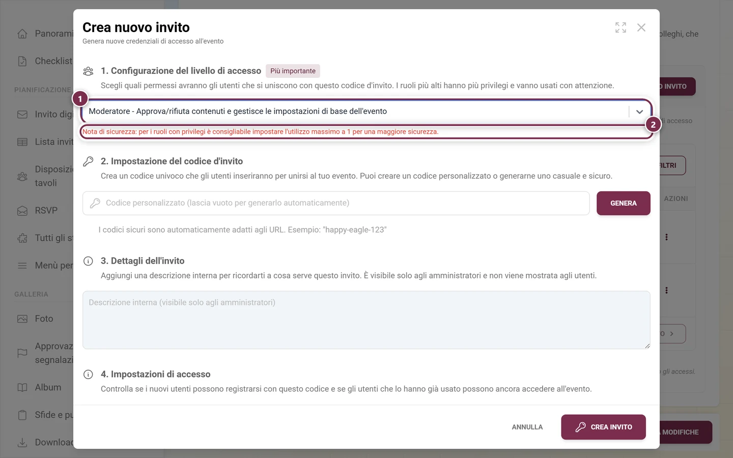Finestra di creazione con il ruolo Moderatore selezionato e la nota di sicurezza rossa sotto