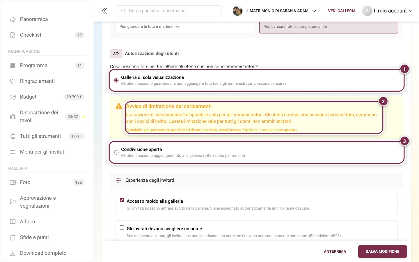 Sezione Autorizzazioni degli utenti con l'opzione Galleria di sola visualizzazione selezionata e il riquadro giallo Avviso di limitazione dei caricamenti