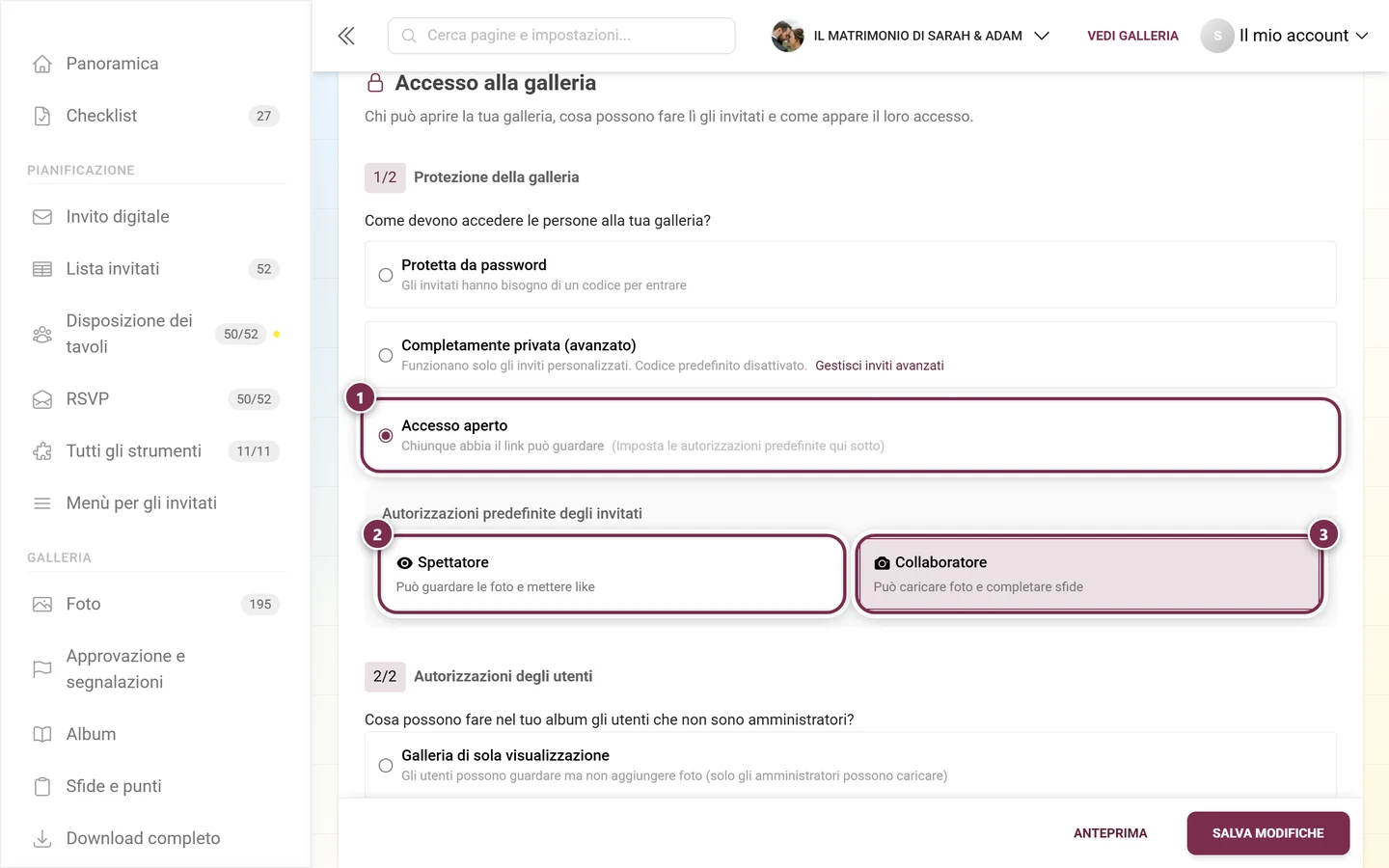 Protezione della galleria con l'opzione Accesso aperto selezionata e i riquadri Spettatore e Collaboratore