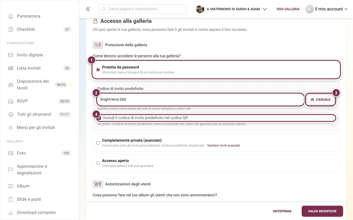 Protezione della galleria con l'opzione Protetta da password selezionata, il campo Codice di invito predefinito, il pulsante Casuale e la casella per il codice QR
