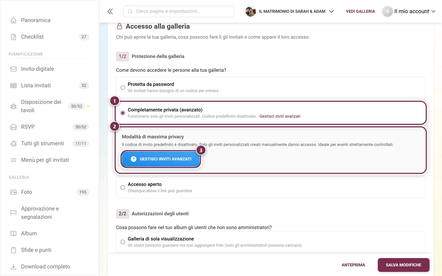 Protezione della galleria con l'opzione Completamente privata selezionata e il riquadro informativo Modalità di massima privacy