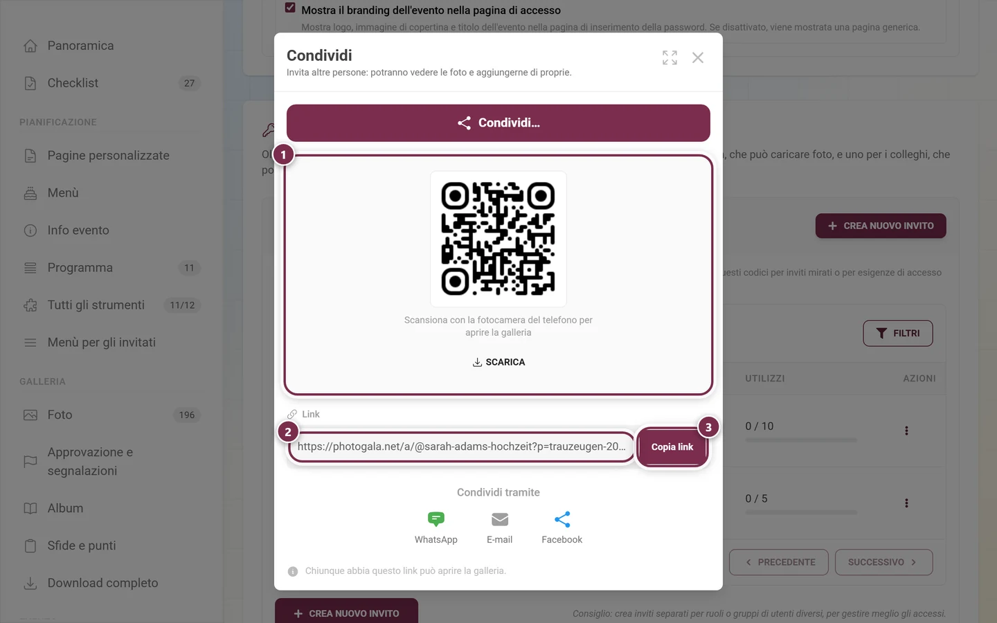 Finestra Condividi con codice QR, pulsante Scarica, campo Link e Copia link