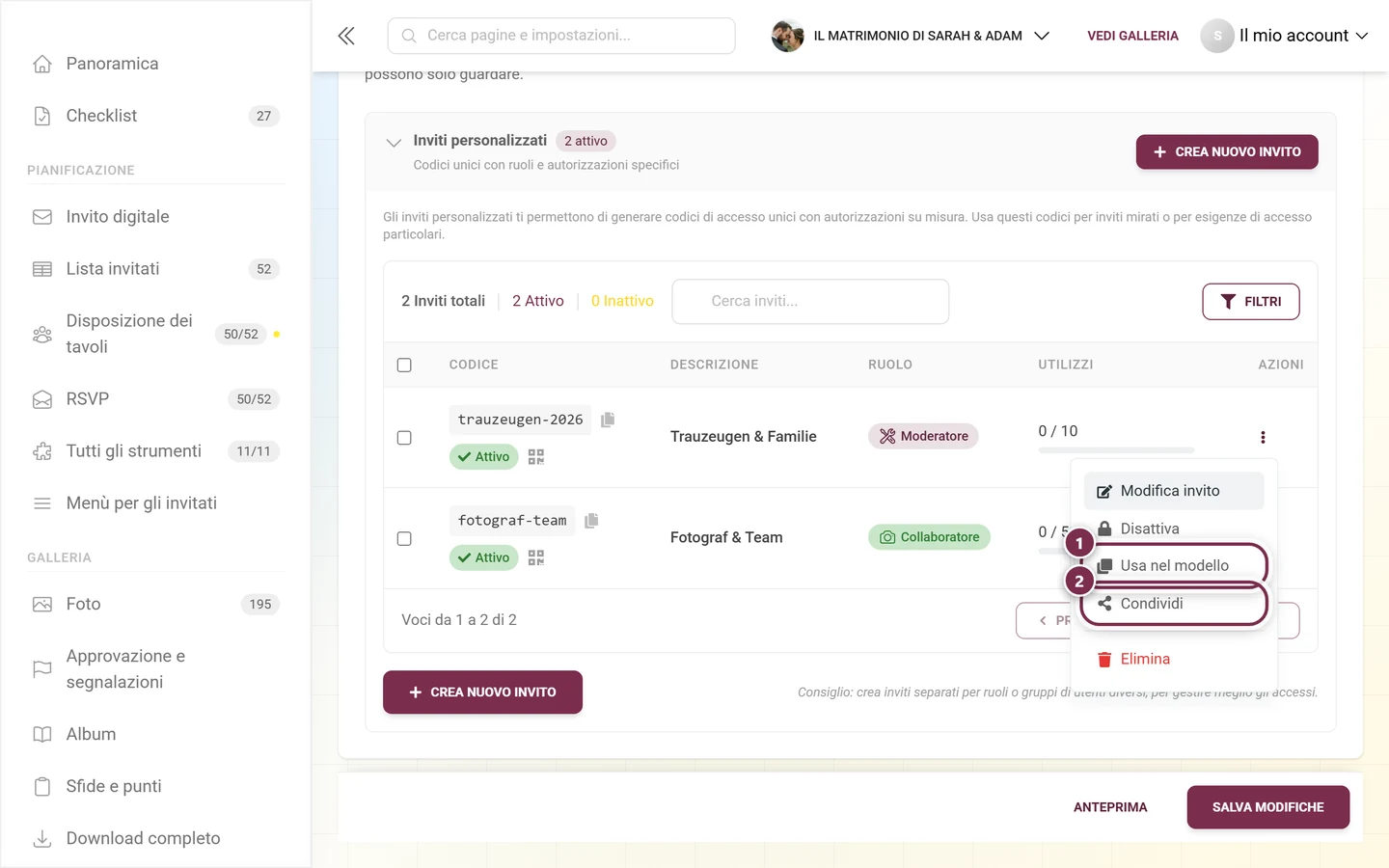Menu di riga aperto con le voci Modifica invito, Disattiva, Usa nel modello, Condividi ed Elimina