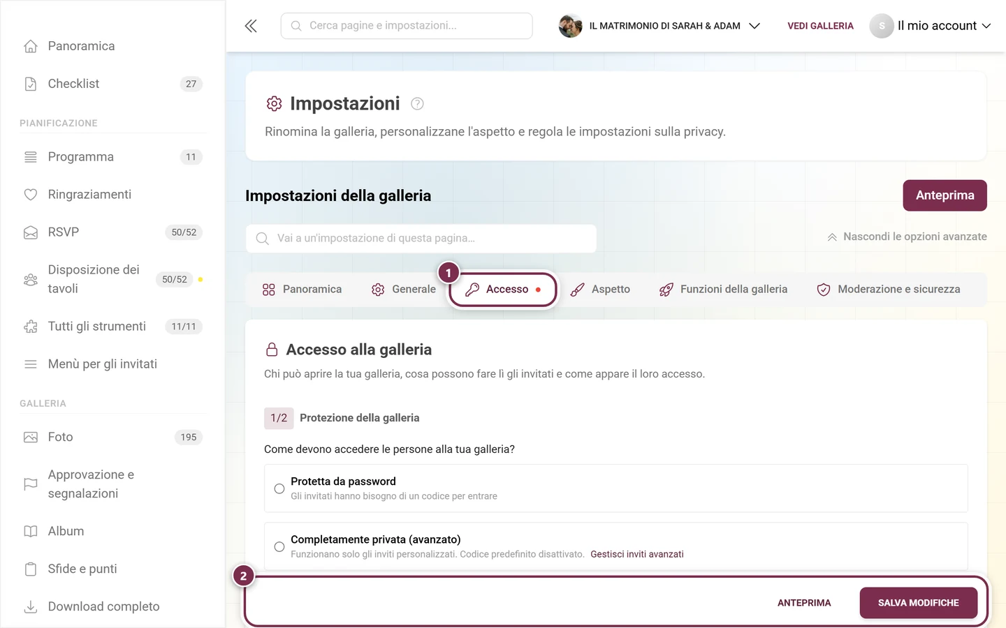 Riga delle schede delle impostazioni con un punto rosso sulla scheda Accesso e la barra di salvataggio in basso