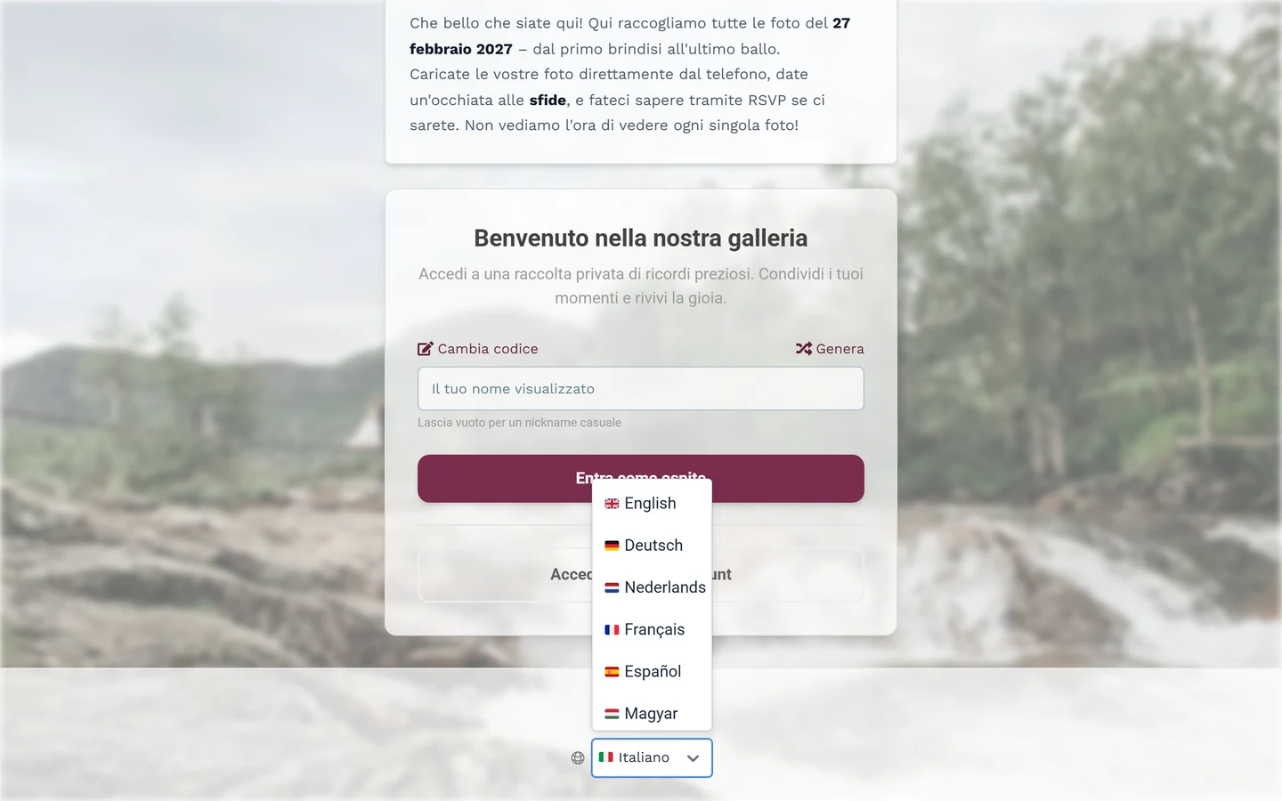 Piè di pagina della pagina di accesso con simbolo del globo ed elenco delle lingue aperto