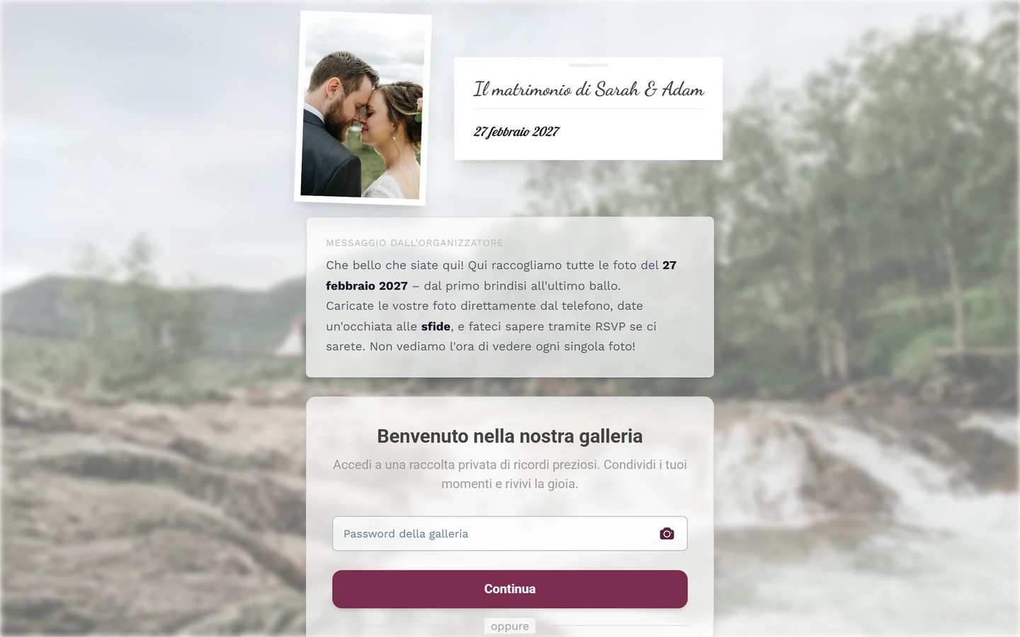 Schermata di benvenuto con il campo Password della galleria, un'icona della fotocamera al suo interno e il pulsante Avanti