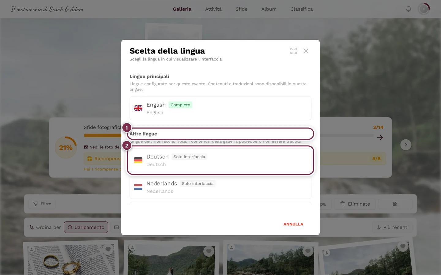 Finestra Scelta della lingua, con il gruppo Altre lingue e una voce con il distintivo Solo interfaccia evidenziati