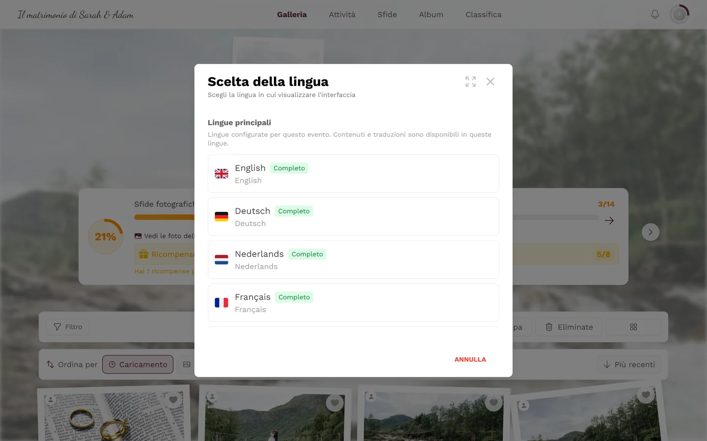 Finestra Scelta della lingua con le lingue principali, il distintivo Completo e il segno di spunta sulla lingua attiva