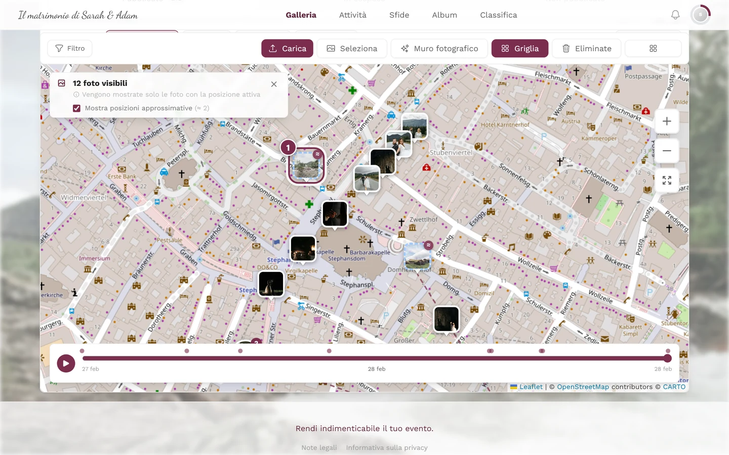 Mappa ingrandita con un segnaposto foto evidenziato con cornice tratteggiata e simbolo ≈