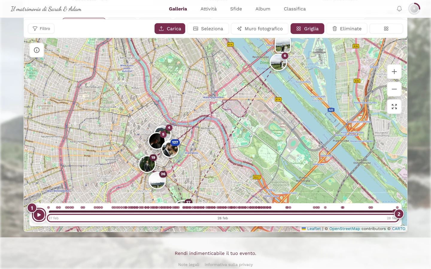 Timeline sul bordo inferiore della mappa con il pulsante play evidenziato e le date