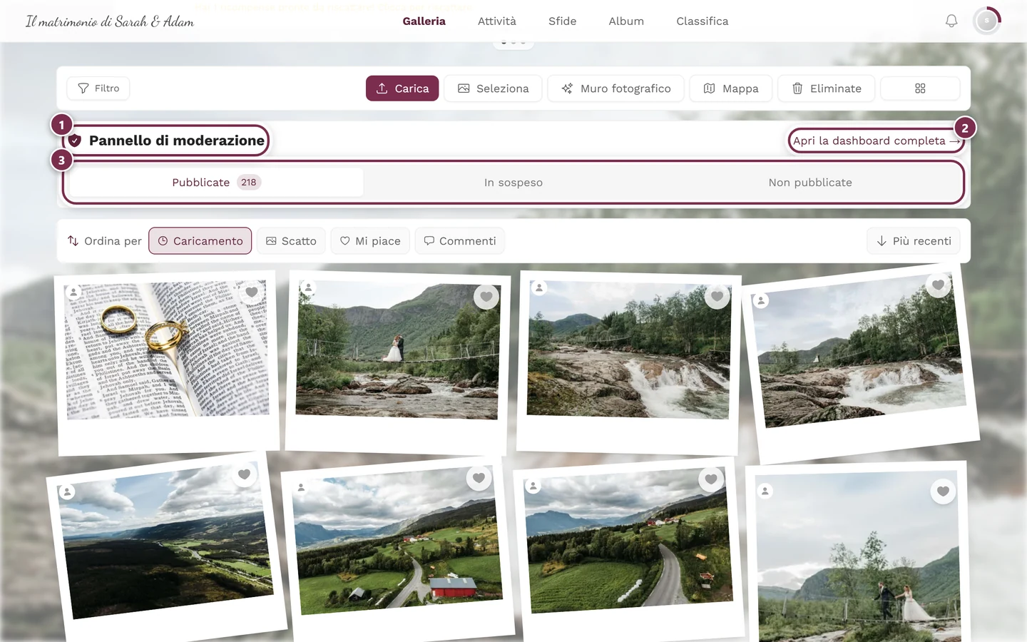 Pannello di moderazione sopra la griglia delle foto della galleria su desktop, con titolo, link alla dashboard e filtro di stato