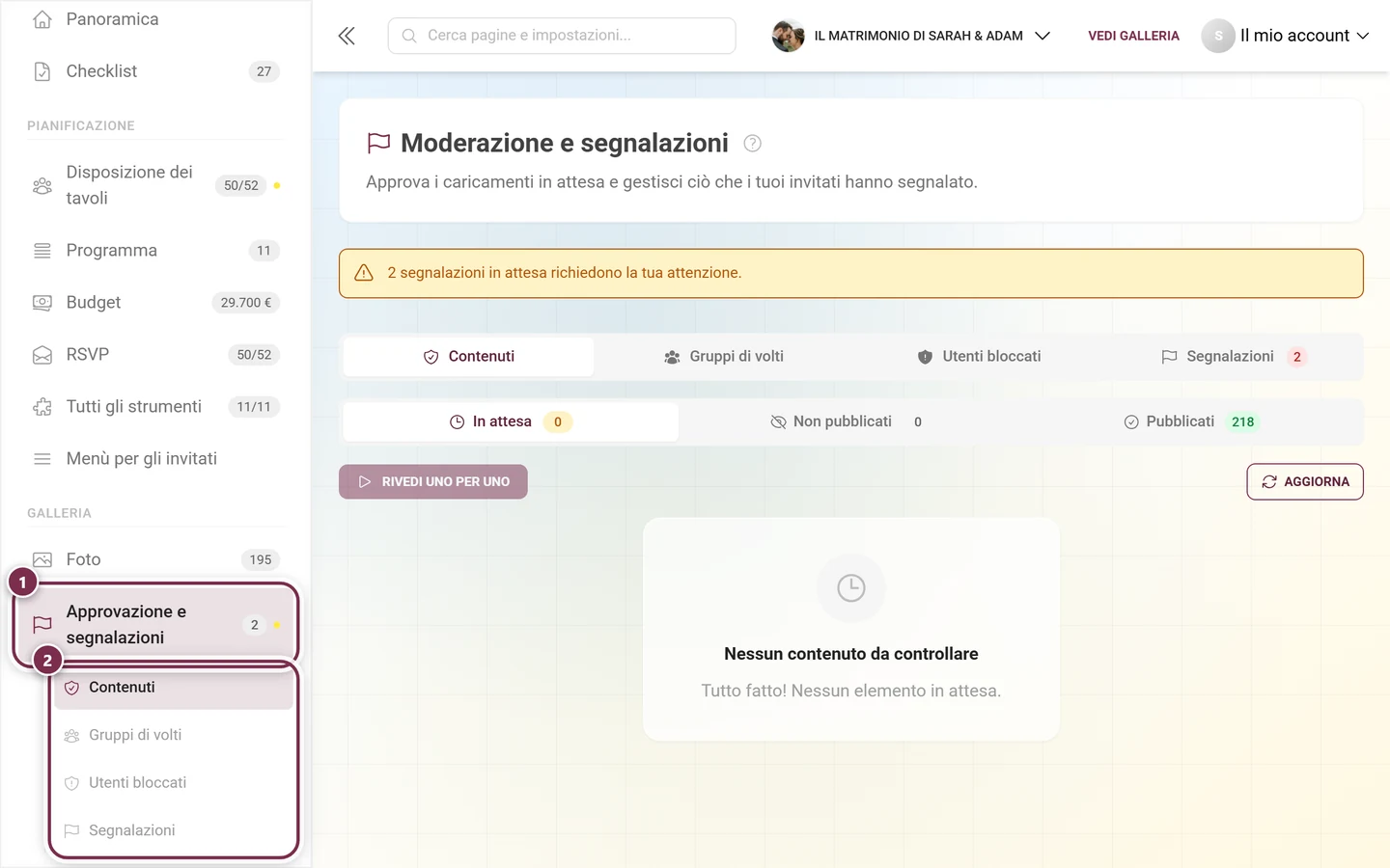Barra laterale dell'area admin con la voce Approvazione e segnalazioni evidenziata e le sue sottovoci