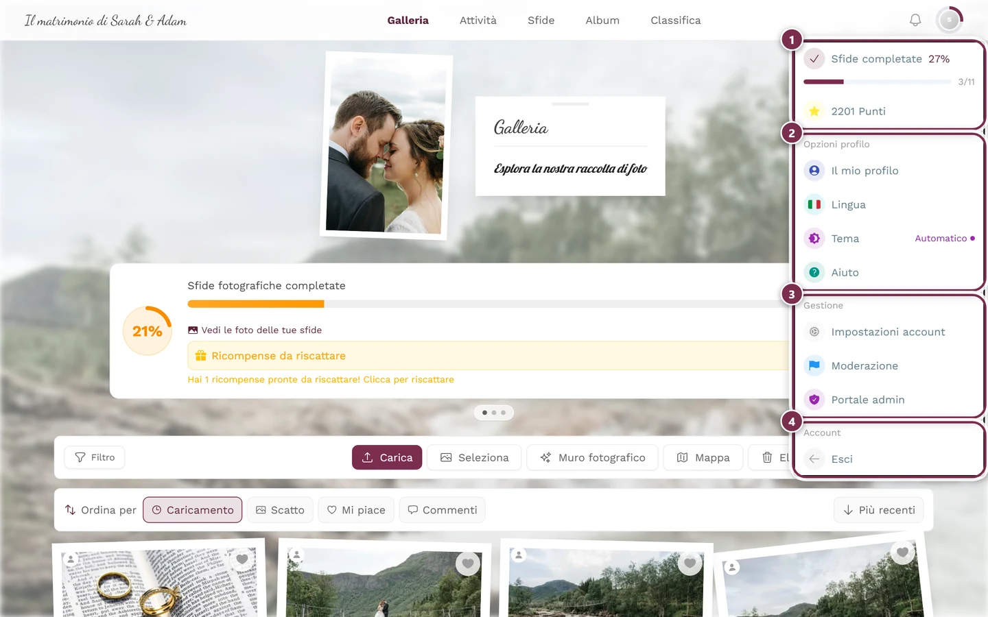 Menu del profilo aperto in alto a destra con Opzioni profilo e Gestione