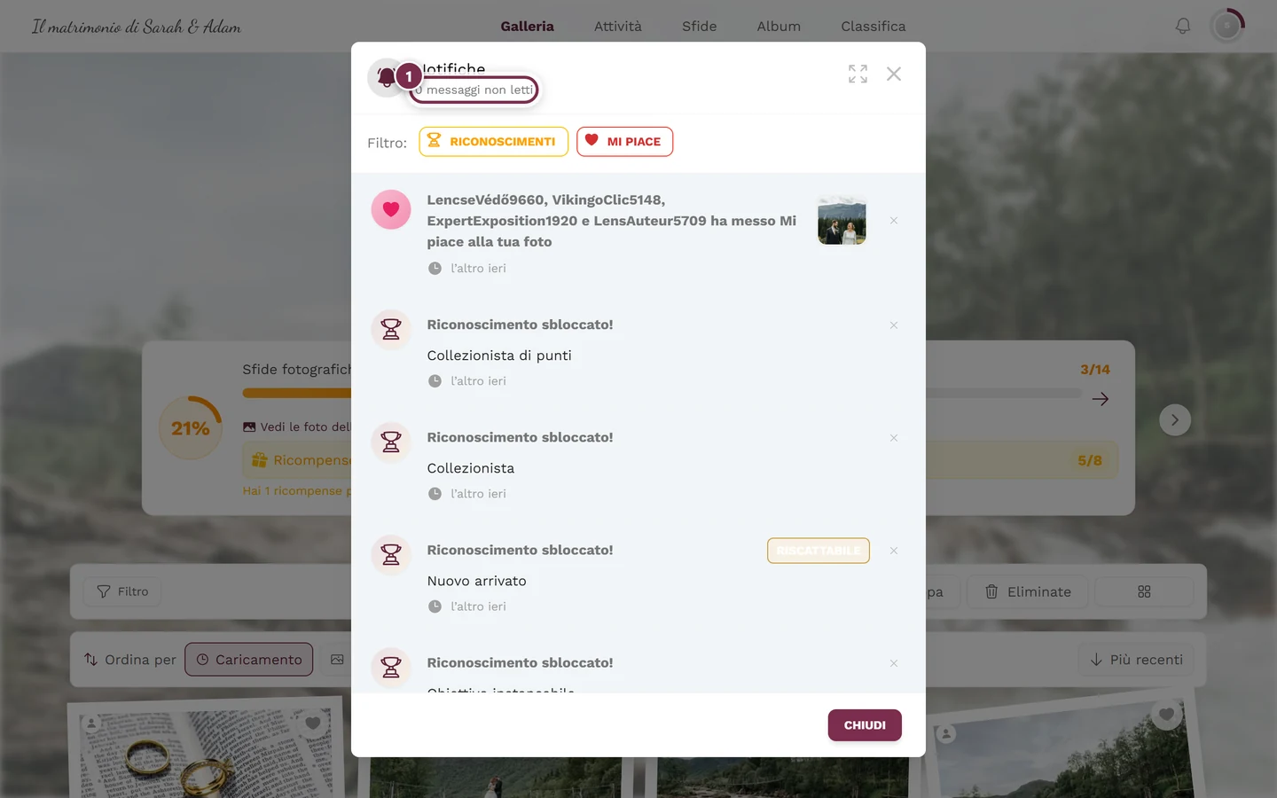 Finestra delle notifiche aperta, la riga con i messaggi non letti è evidenziata