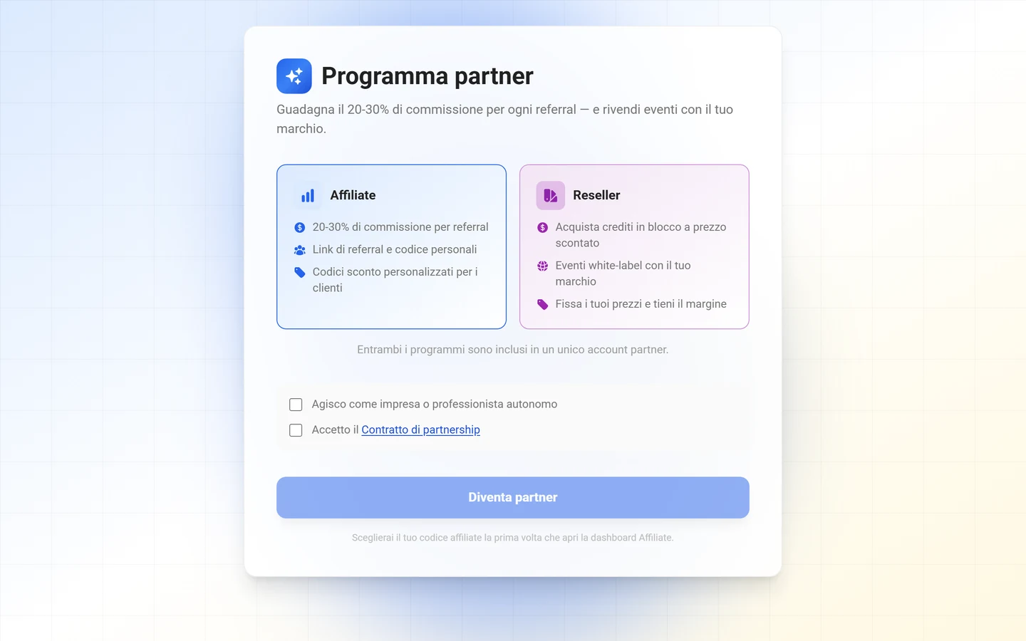 Pagina Materiali di marketing con il generatore di codici QR e i cartoncini pronti per la stampa