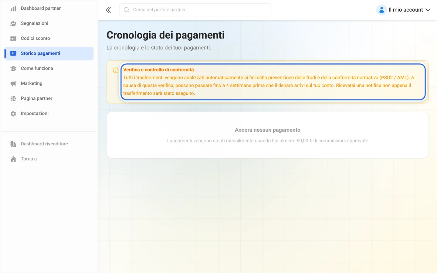Pagina dei pagamenti con l'avviso Verifica e controllo di conformità evidenziato sopra lo storico