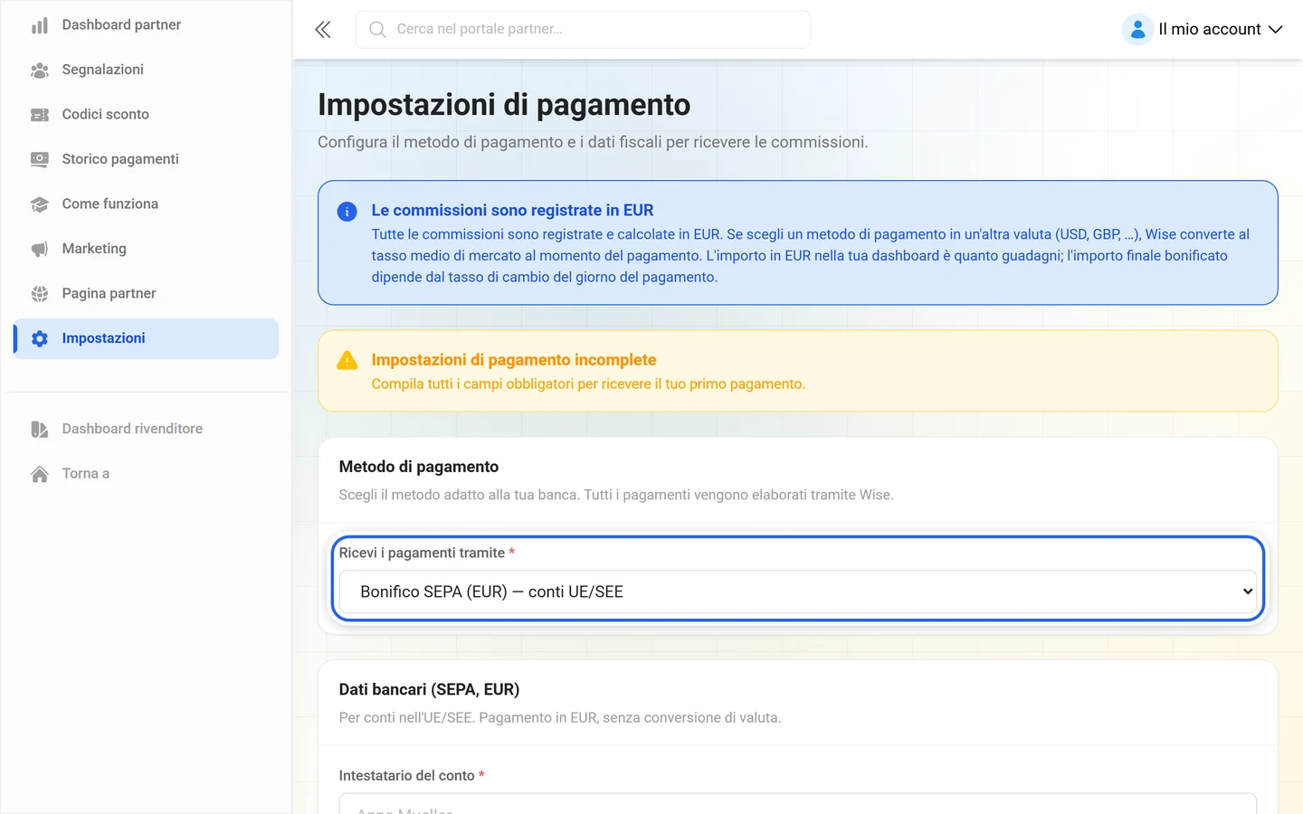 Impostazioni di pagamento con il campo Ricevi i pagamenti tramite evidenziato, campi del conto oscurati