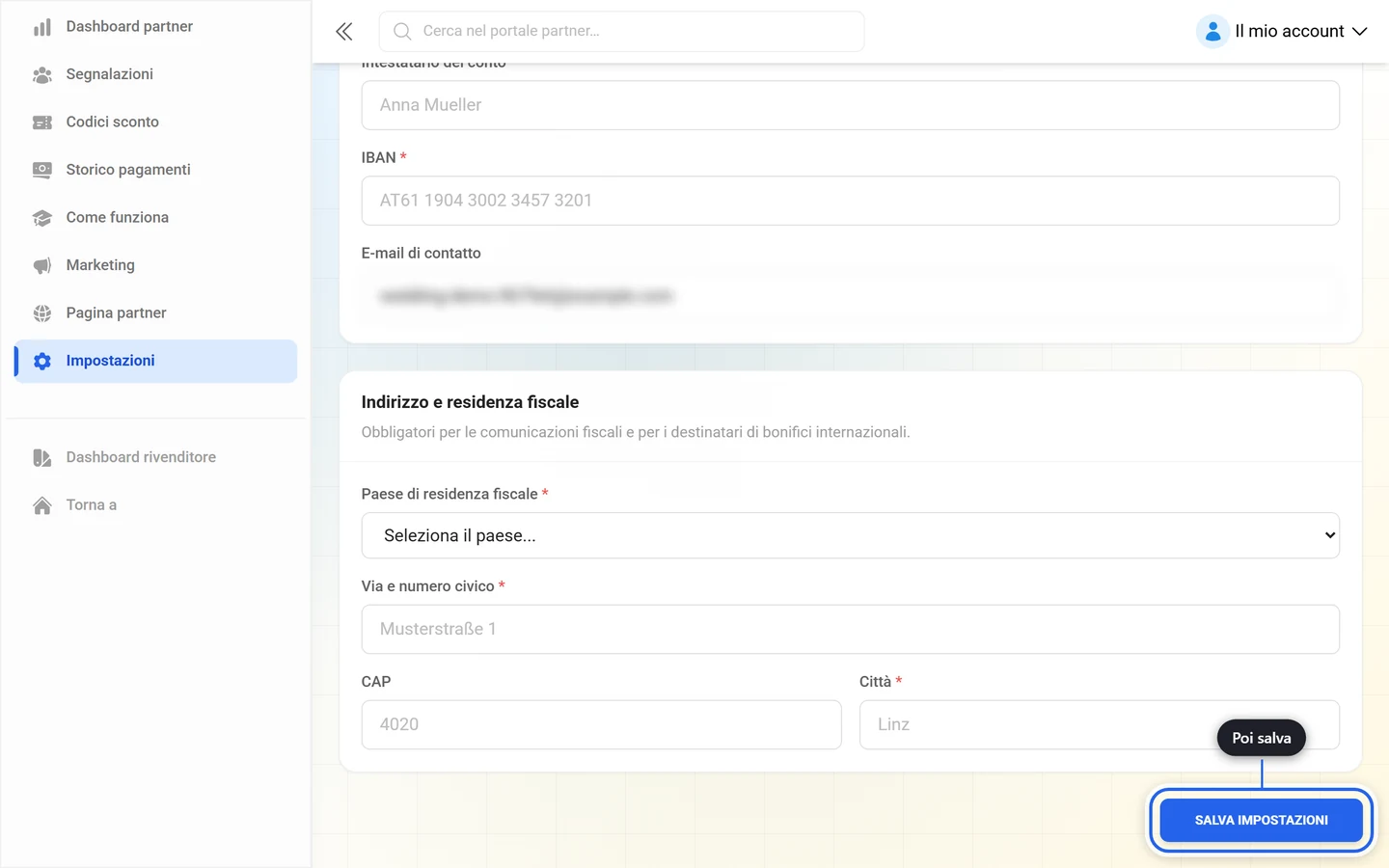 Parte inferiore delle impostazioni di pagamento con il pulsante Salva impostazioni evidenziato