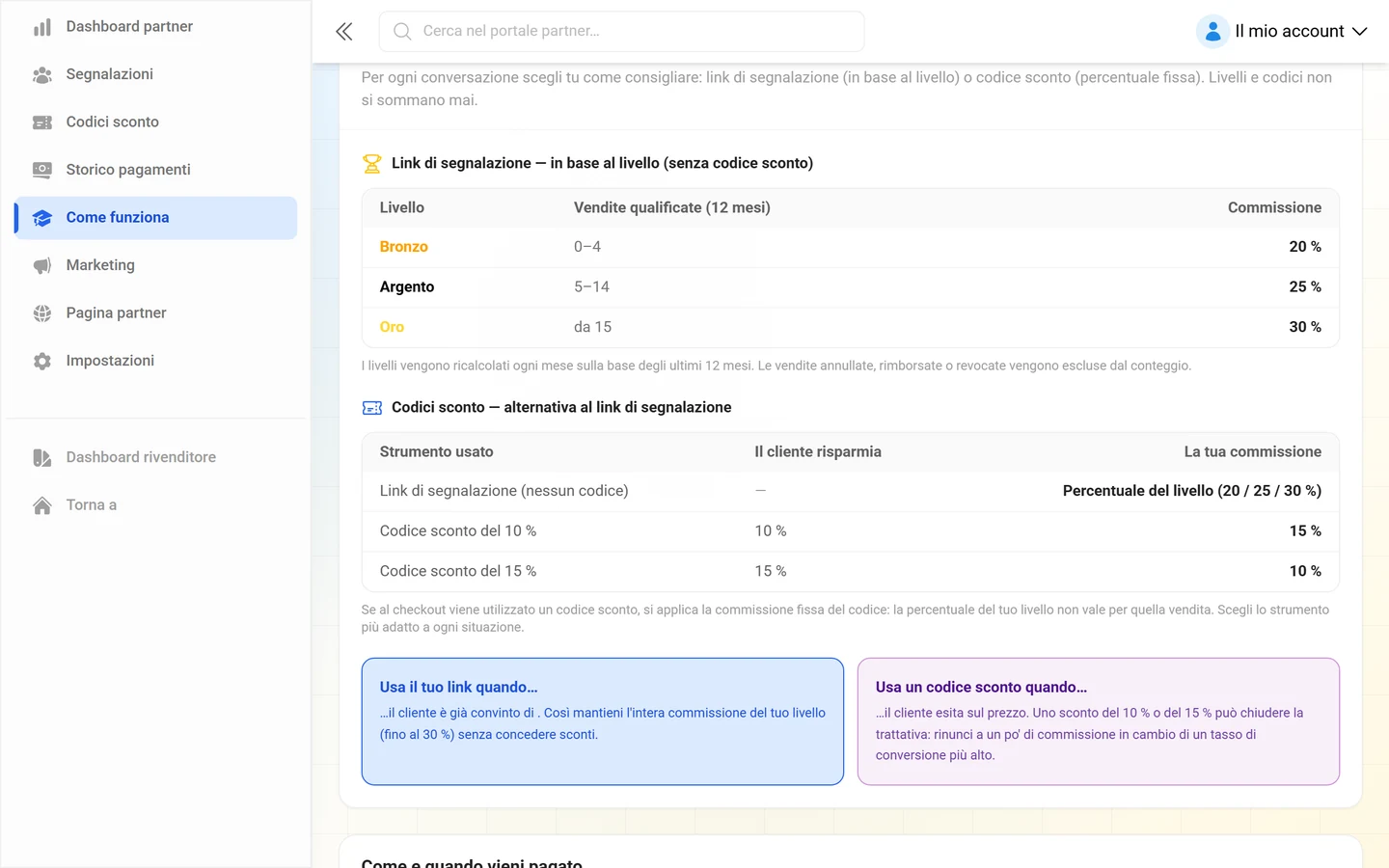 Tabella dei livelli con Bronzo, Argento e Oro e sotto la tabella delle percentuali dei codici sconto