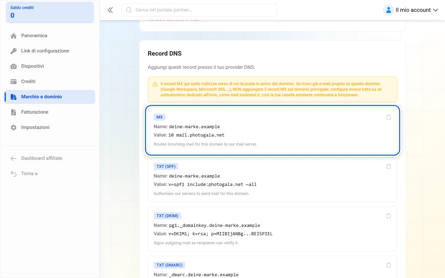 Record DNS per l'invio delle e-mail con il record MX evidenziato