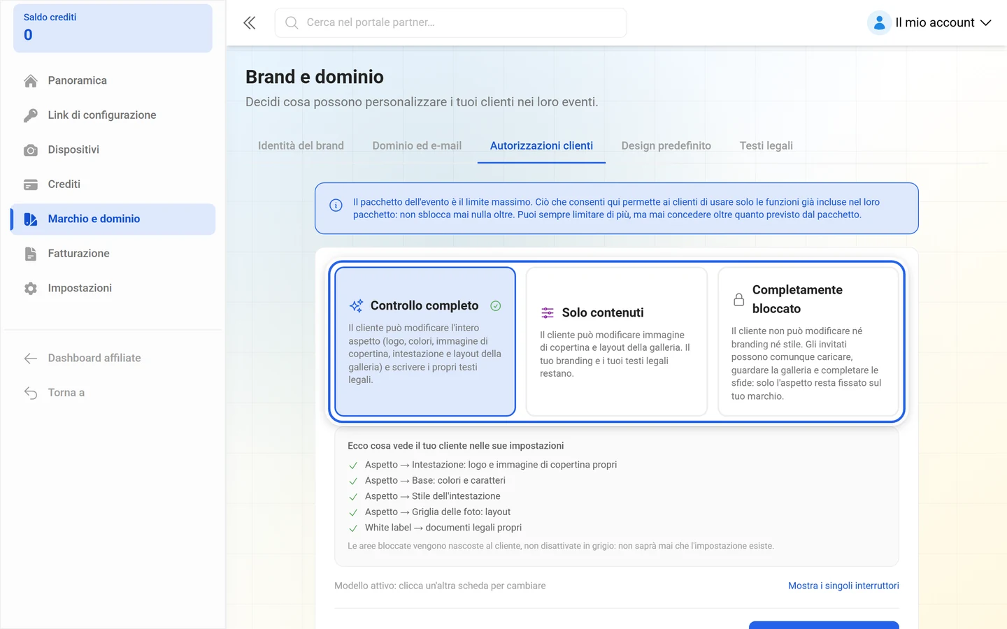 I tre modelli di autorizzazione Controllo completo, Solo contenuti e Completamente bloccato