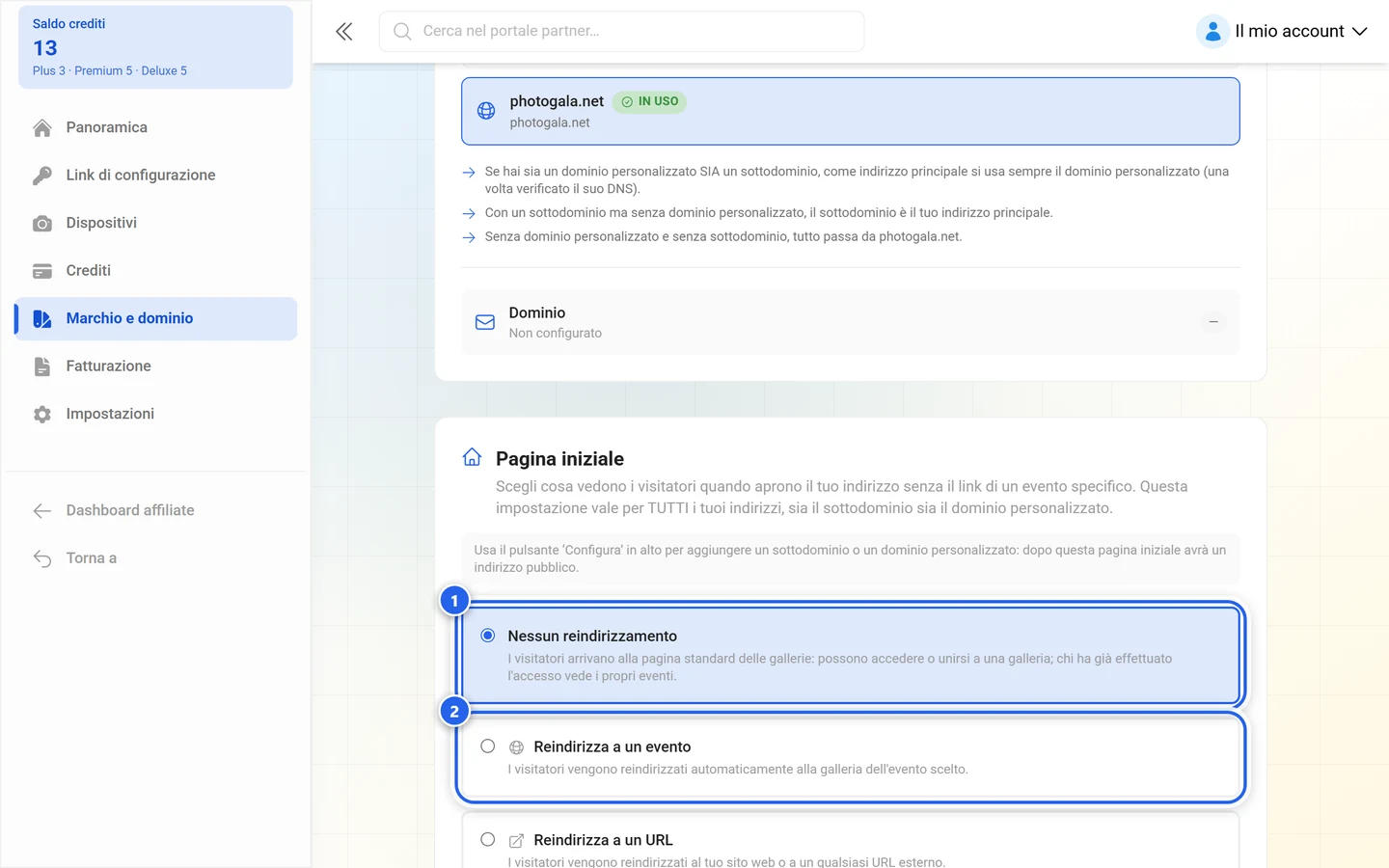Sezione Pagina iniziale con le opzioni Nessun reindirizzamento e Reindirizza a un evento evidenziate