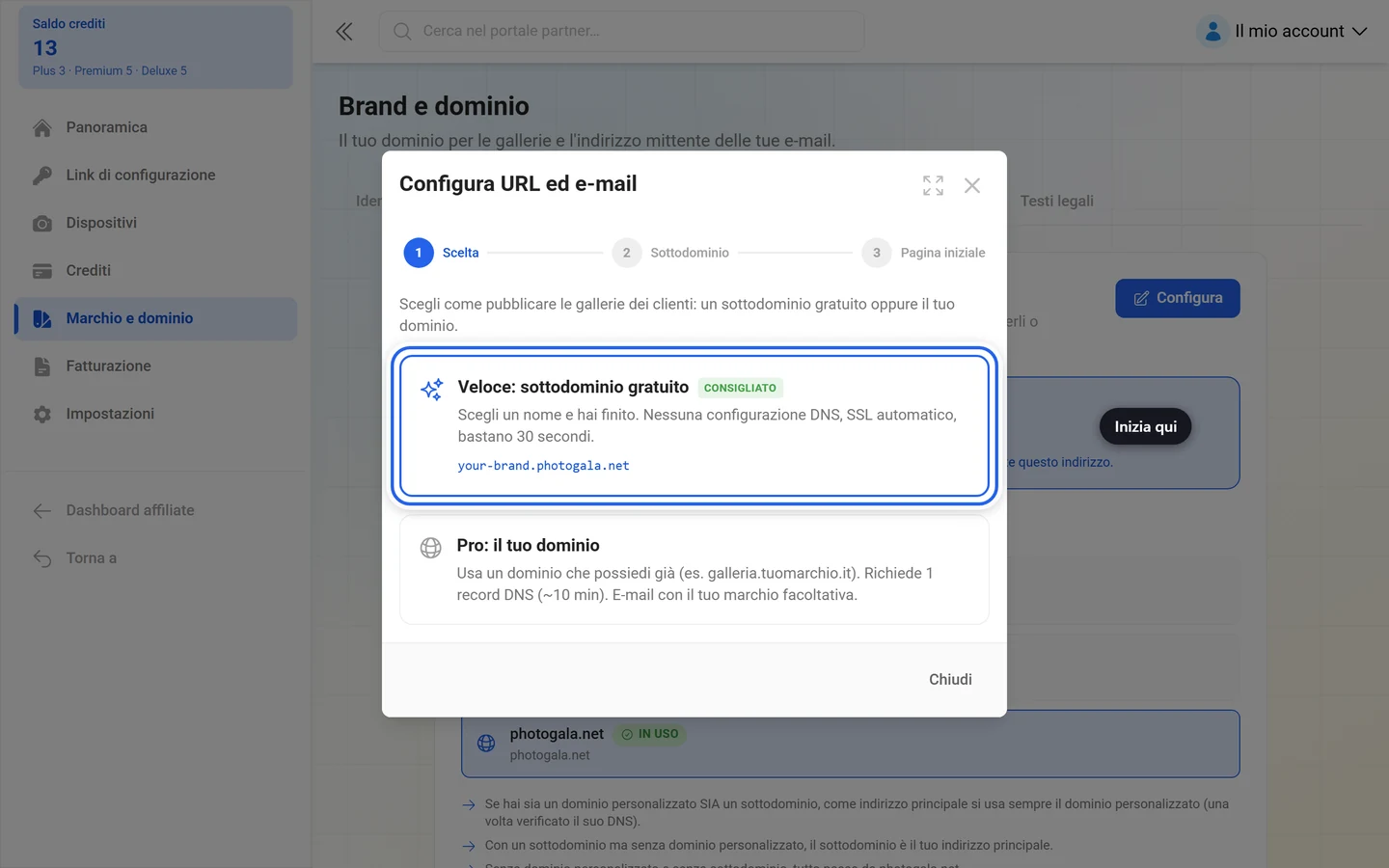 Primo passaggio della procedura guidata URL con il riquadro Veloce sottodominio gratuito evidenziato