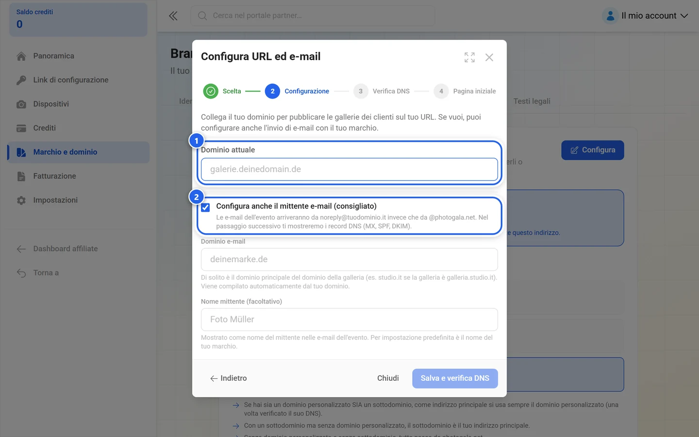 Passaggio Dominio personalizzato della procedura guidata con il campo del dominio e la casella per il mittente e-mail evidenziati