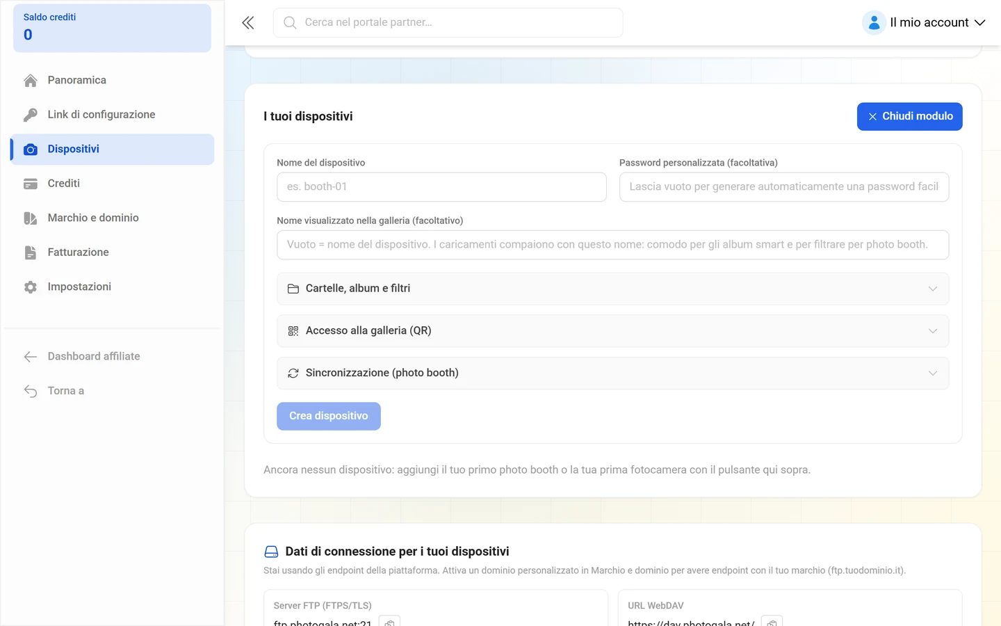 Modulo aperto con nome del dispositivo, password personalizzata, nome visualizzato e i tre gruppi del comportamento di caricamento