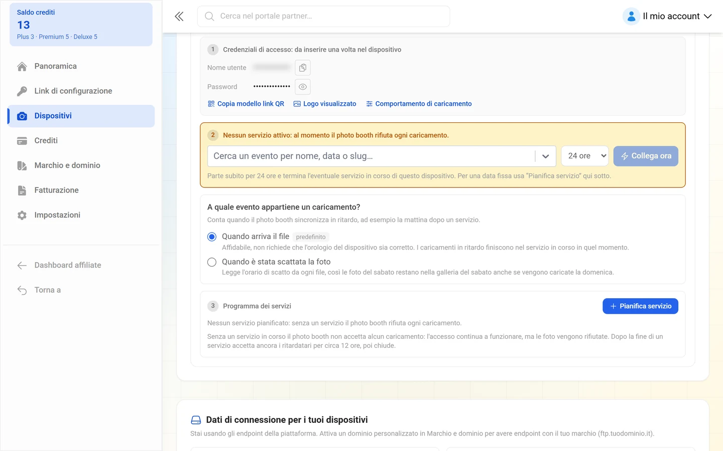 Scelta tra Quando arriva il file e Quando è stata scattata la foto, sotto la sezione Programma dei servizi