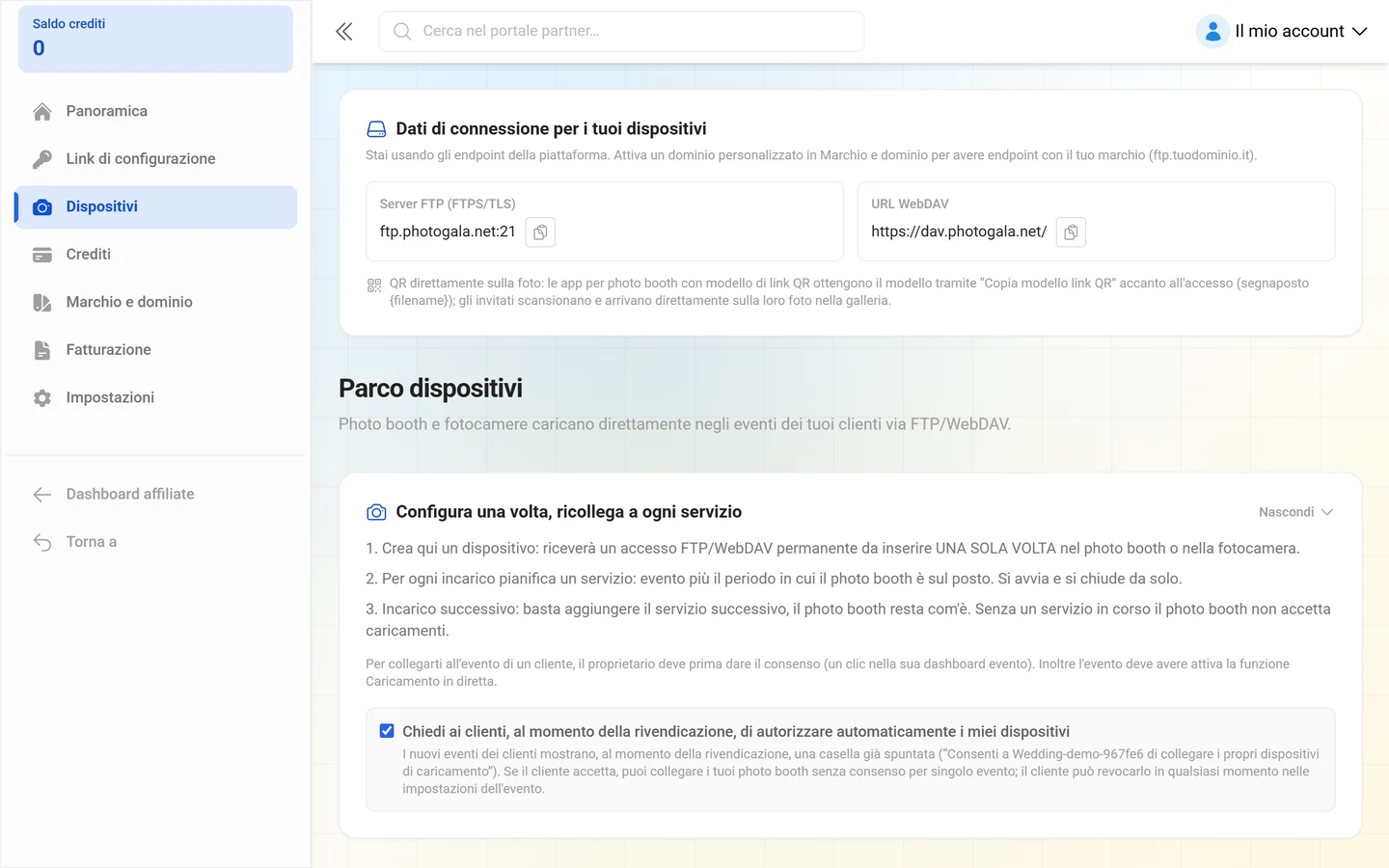 Scheda con server FTP e URL WebDAV del proprio marchio