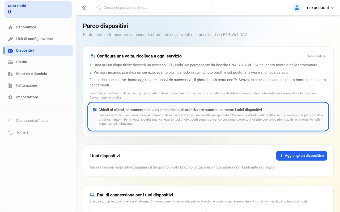 Casella evidenziata Chiedi ai clienti, al momento della rivendicazione, di autorizzare automaticamente i miei dispositivi