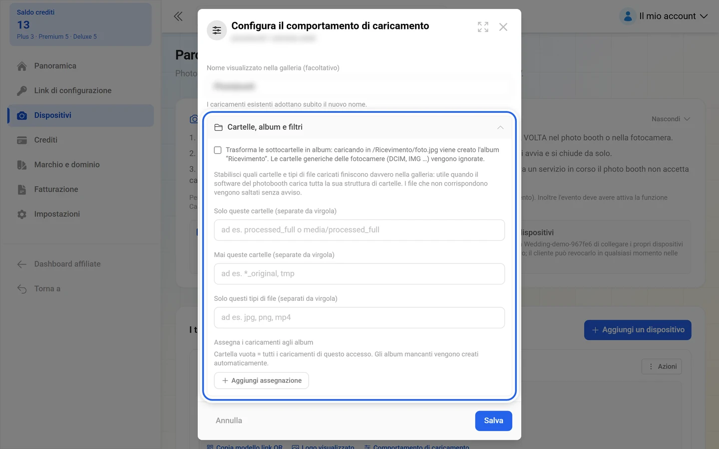 Finestra Configura il comportamento di caricamento con il gruppo Cartelle, album e filtri evidenziato