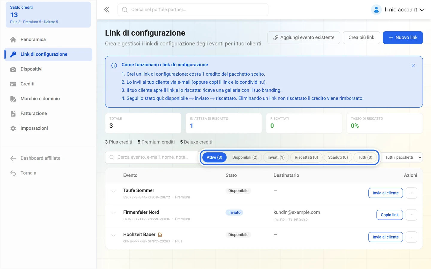 Pillole di filtro dell'elenco dei link di configurazione con contatori, evidenziate