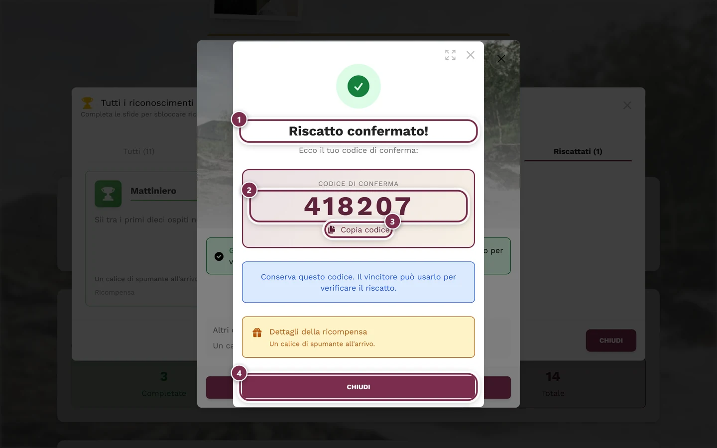 Finestra di successo con codice di conferma di sei cifre e quattro evidenziazioni