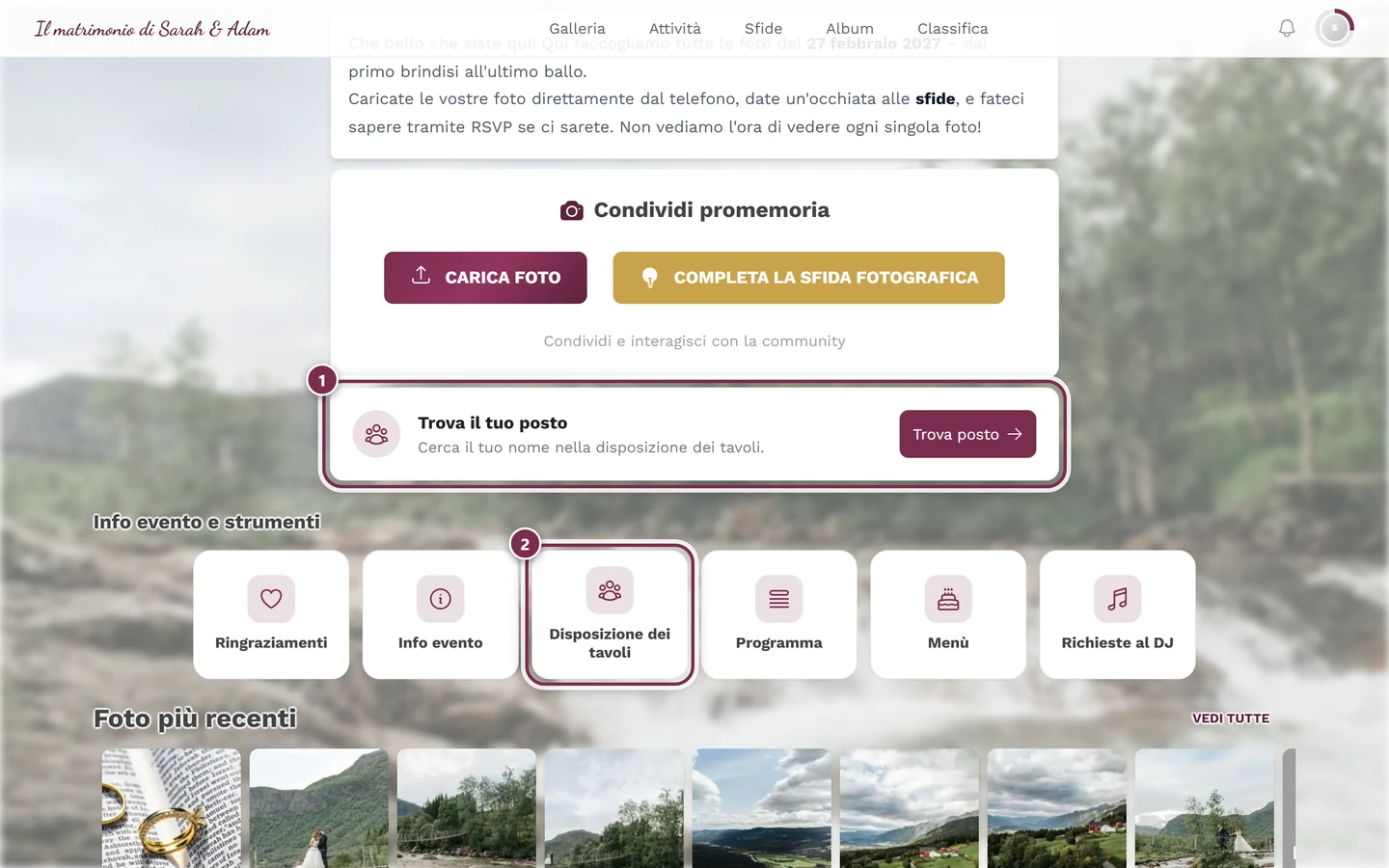 Pagina iniziale dell'evento con la scheda Trova il tuo posto e il riquadro Disposizione dei tavoli